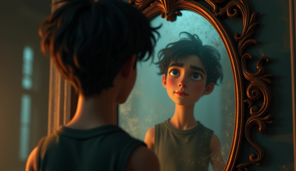 Dimas stands in front of a large mirror hanging on the wall of the upstairs corridor. His reflection in the mirror is faint due to the thick dust.
( animasi, cartoon, light effect, lighting is smooth, in 3d animation )