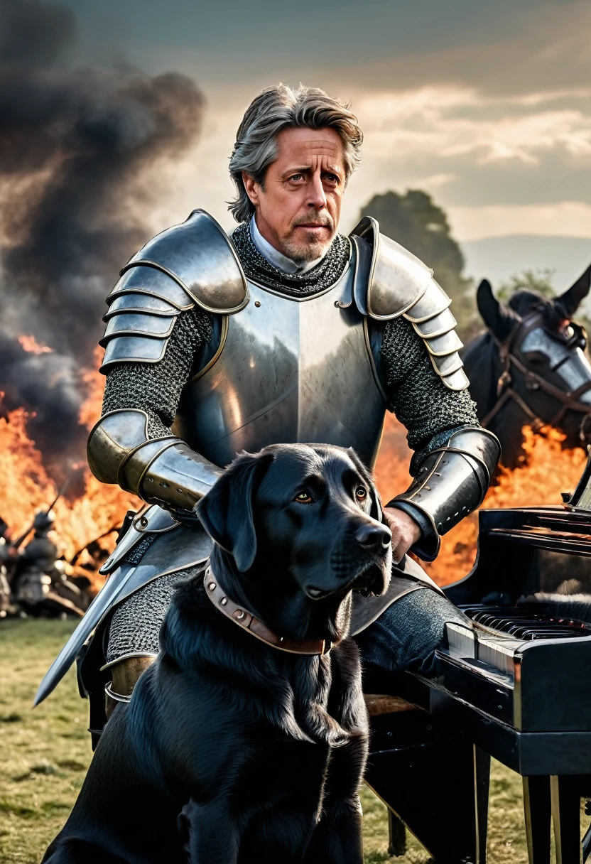 (HD photo:1.4), best quality, professional portrait, insane details, 8k, cinematic lighting, action shot, 50 years old male / Hugh Grant /, medium length silver hair, stubble, wearing battered knights armour, playing a piano keyboard, (black labrador dog:1.2), outdoor scene, (huge battle scene background), many soldiers, swords, spearmen, fantasy landscape, fire, smoke, apocalyptic sky, dramatic clouds
