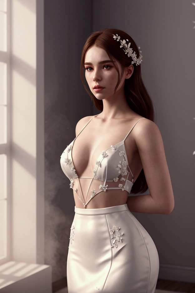 Studio style background with aesthetic white floral details, cinematic lighting, volumetric lighting, irene rudnyk style