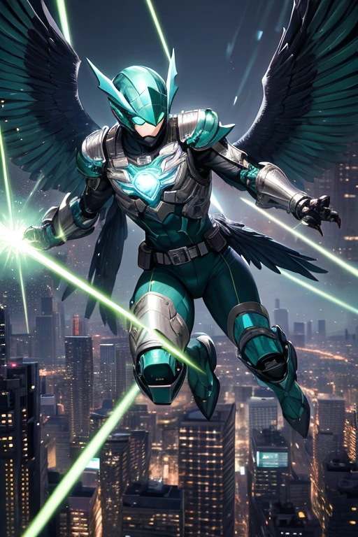 ((best quality)), ((masterpiece)), (detailed), 1 male, full body, 25 years old, blue head, uncovered mouth, blue biker helmet, black collar, tall, thin, black details, a green parrot with a blue head flying beside him, metallic wings, wings on his suit, blue fingerless gloves, blue wrist guards, luminous blue wings that shoot lasers, blue suit resembling light armor, blue suit with an emblem, completely green chest, emblem on his chest, green pants, deployable bird tail, grey knee pads, metallic grey boots, metallic bird claws, black superhero belt, flying through the city, midday city background, anime