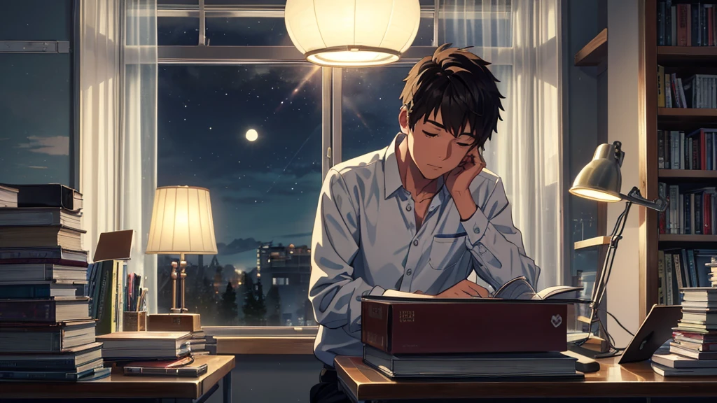 Create a scene of a student sitting at a study table, surrounded by books and notebooks. He is writing in a notebook while listening to lofi music. The soft light from the table lamp illuminates the scene, and through the window, you can see the full moon shining in the night sky, creating a calm and focused atmosphere