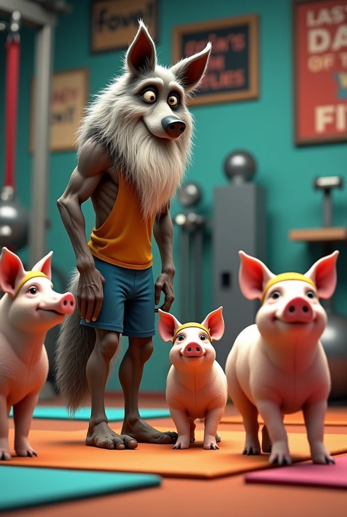 Skinny old big bad wolf with white beard in a gym training three fat pigs