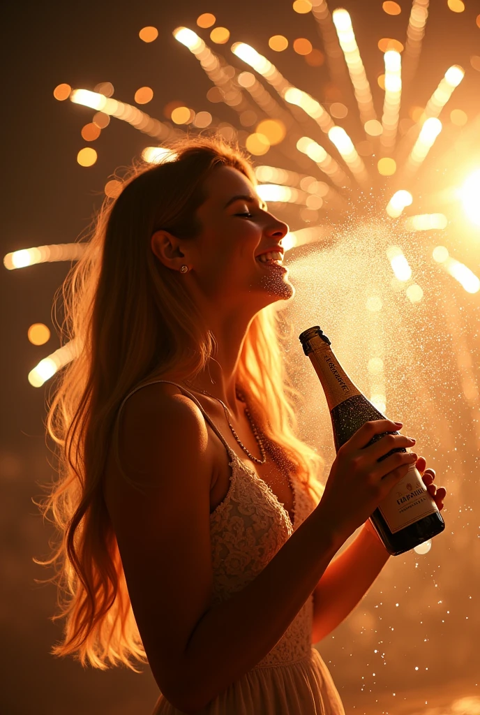 A woman from Arfat carrying a bottle of water and spraying water, Commercial champagne, absolutely outstanding image, intricate brilliant atmosphere, brilliant light, Water is made from stardust, Sparkling in the air, brilliant spirits, brilliant, The winning photo in the Unsplash competition, brilliant water, Fireworks, By Adam Marczyński, By Matt Stewart, Award-winning shot, brilliant in the sunlight اكتب بنت واقفه