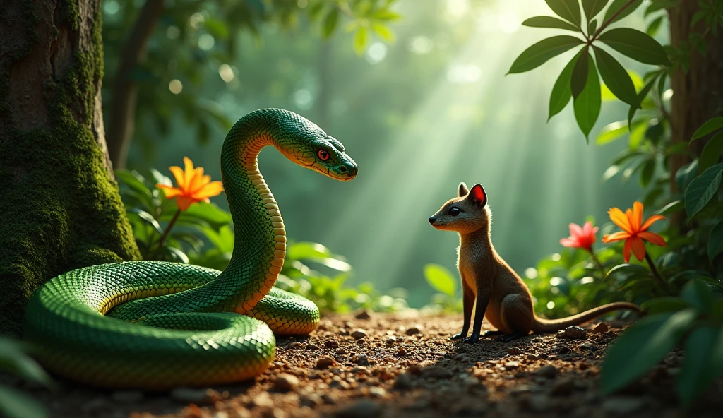 In the heart of a dense jungle, a snake and a mongoose are facing each other, seemingly engaged in a conversation. The snake is coiled on the ground, its head slightly raised, with an expression that suggests curiosity or wisdom. The mongoose, standing on its hind legs, looks attentive, perhaps wary but also intrigued. The surrounding jungle is lush and vibrant, with tall trees, thick underbrush, and a variety of plants. Dappled sunlight filters through the canopy, casting soft shadows on the forest floor.