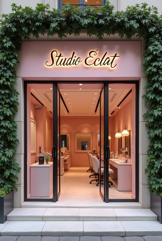 a beauty studio with hairdresser, manicure and eyelashes, pink tones and very elegant and large, Create the exterior entrance part, comma logo written Studio Eclat in the front, It will be very big
bigger