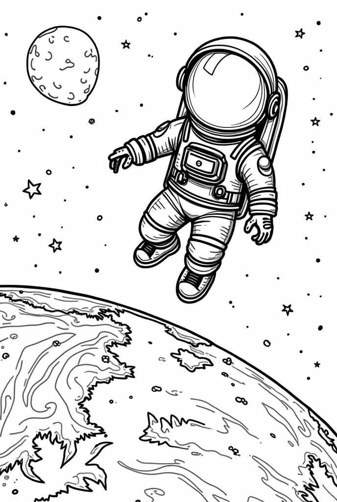 Astronaut and planet earth coloring page black and white high quality 