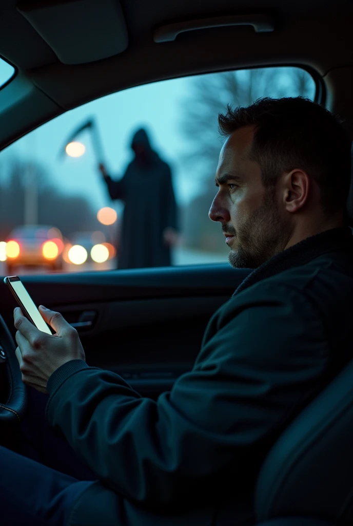 man driving a car looking at his cell phone, in the back seat, the silhouette of death with a scythe 