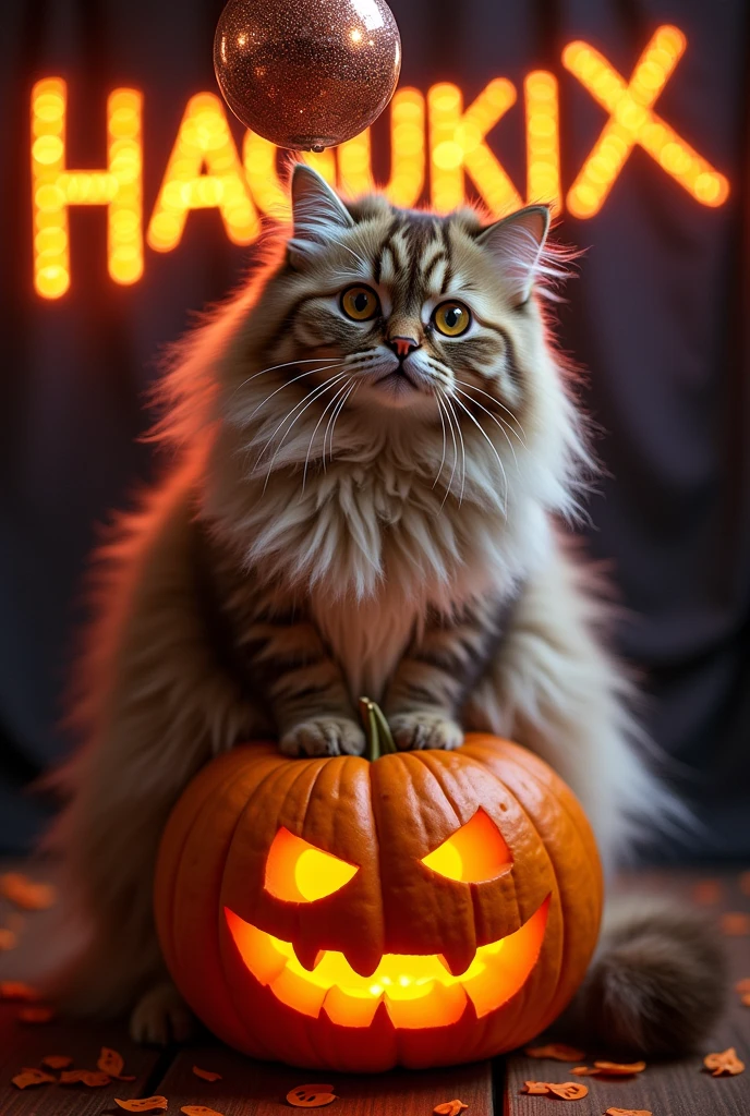 Long-haired cats、sitting on top of a jack-o'-lantern、A glittering mirror ball overhead、The background is the word HAGUKIX