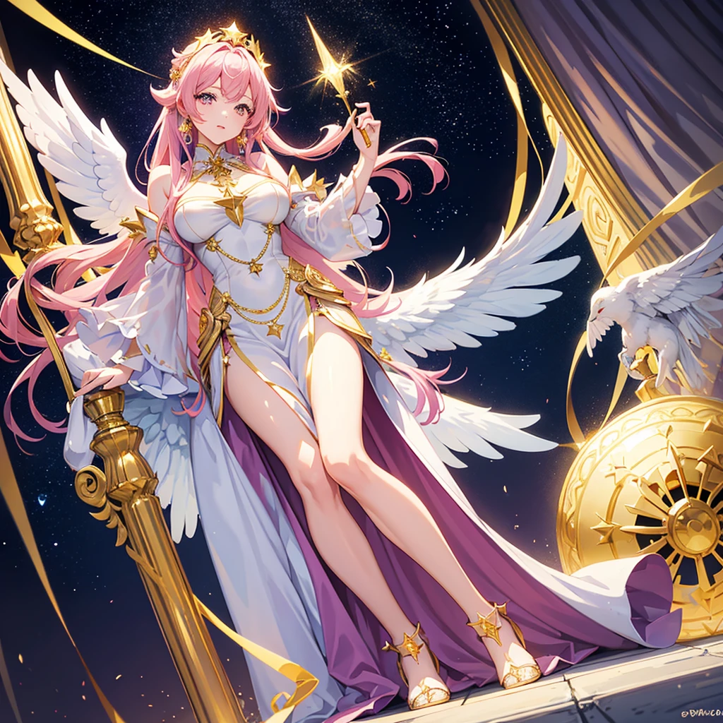 Anime Woman,Sister model,beautiful,elegant,Let your hair down to the floor with pink hair.,Purple-pink eyes in hexagonal star shape,White dress with floor-length skirt,Wear a long-sleeved gold dress,White and gold dress,Wear a gold star necklace,wearing gold shoes,Wearing a golden crown with purple diamonds,Wearing luxurious clothes,Has luxurious white wings,Goddess figure holding a golden scepter,With a background of bright stars,Sitting on the throne