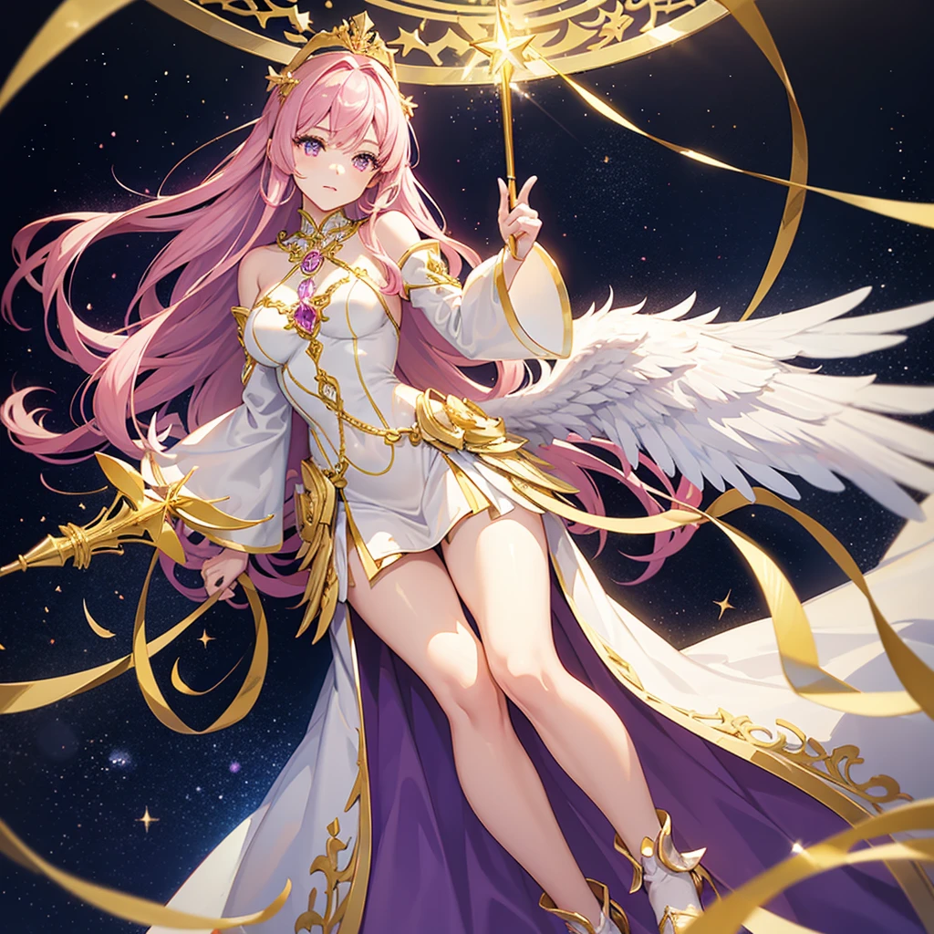 Anime Woman,Sister model,beautiful,elegant,Let your hair down to the floor with pink hair.,Purple-pink eyes in hexagonal star shape,White dress with floor-length skirt,Wear a long-sleeved gold dress,White and gold dress,Wear a gold star necklace,wearing gold shoes,Wearing a golden crown with purple diamonds,Wearing luxurious clothes,Has luxurious white wings,Goddess figure holding a golden scepter,With a background of bright stars,Sitting on the throne