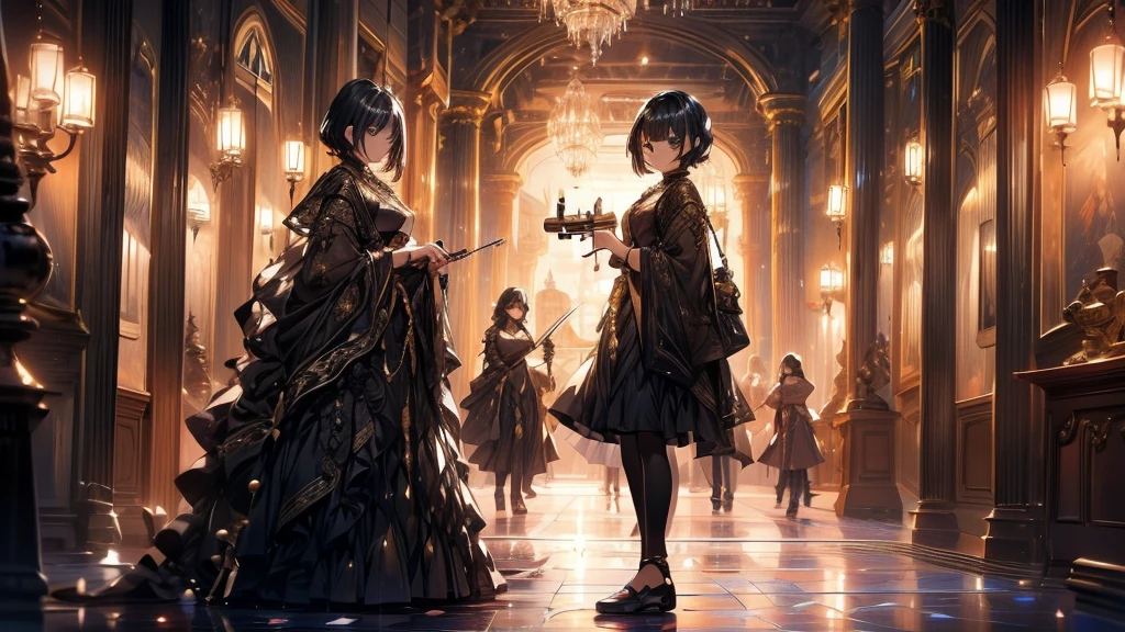 A woman is playing the violin.The woman has short black hair and is wearing a gold dress..The girl is playing in the hall.A black cat is watching the girl play at her feet.