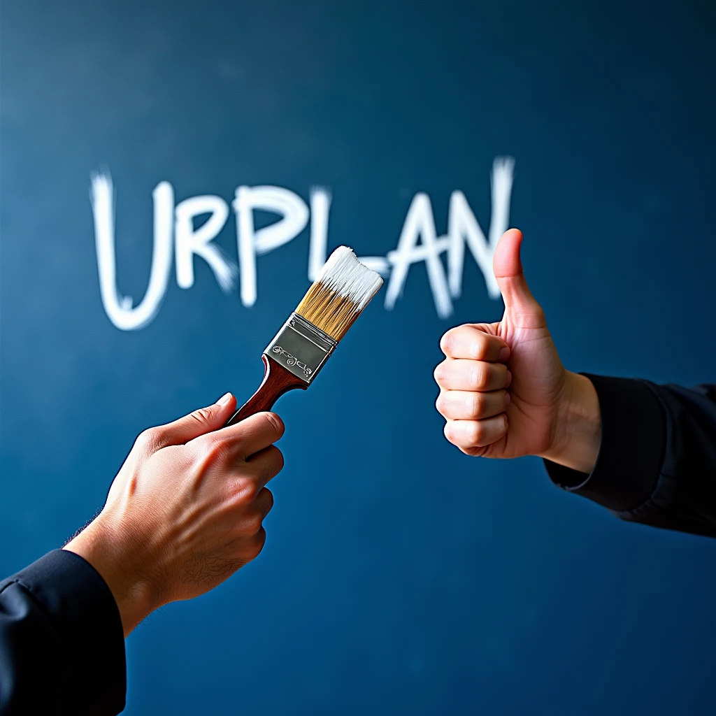 Visualize a realistic scene in 8K focusing on two hands of the same person. One hand holds a brush stained with white paint, while the other hand makes a thumbs up sign, Indicating approval. Behind the hands, the wall is painted in a deep dark blue, with the word 'URBPLAN' written in white, standing out sharply against the dark background. The image is predominantly blue tones, reflecting the color of the wall and the overall environment. The high resolution allows you to capture the details of the white paint on the brush, the hand's gesture of approval and the clarity of the text on the wall