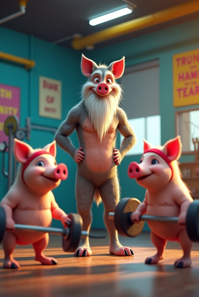 solo, bovine, white bull, three identical heads on one body, white fur, bald, beards, bull horns, bull ears, bull tail, masculine, necks, eyes, nipple piercing, ear piercing, prince albert piercing, adult, male, 50 years old, stylized 3d, by disney, by rembrandt, by pixar, by dramamine, overweight, fat, obese, flabby, dadbod, chubby, big belly, ugly, rave background, dancing crowd, nude, flaccid penis, hairy testicles, big nipples, correct hands, correct anatomy, ultradetailed, best quality, detailed masterpiece, highly detailed masterpiece, 4k, professional cartoon, detailed pose, detailed expressions, laughing, shouting, dancing