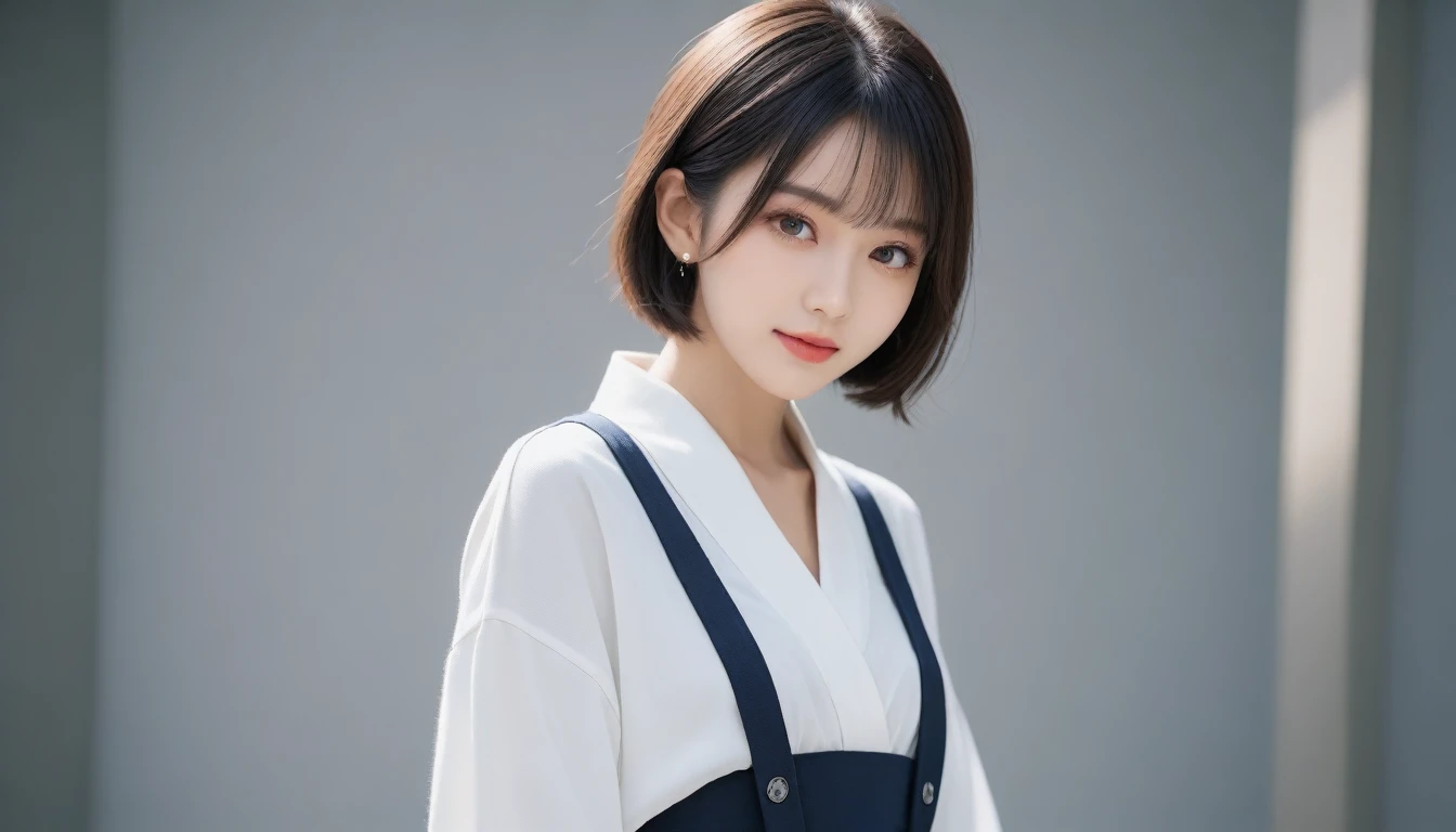 8k, Ultra-high resolution, Highest quality, masterpiece, 三分割法によるphotograph,Surreal, photograph, 1 Girl, (:1.3), pretty girl, Cute Face, 細部までBeautiful Eyes, 細かくdetailedに,masterpiece,One Girl:1.2,Japanese women,Young Wife,upper body,smile,Black hair,Bowl cut,(Collared shirt:1.3),cardigan,Pencil Skirt,Gray background,Near future,(Beautiful attention to detail),Subtle details, detailedな顔, smile,Attractive girl,(のポートレートphotograph:1.4),(Photorealistic images:1.4),Fantasy art,(Beautiful Face:1.4),Beautiful and attractive eyes、Beautiful Eyes、(Tight waist:1.4)、(Beautiful with perfect body proportions:1.4),Pink Lips,Looking at the audience,(((Ideal body type))),A-cup small breasts :2,、Portraiture:2、Perfect Anatomy、鮮明なdetailed、detailed,Fashion magazine cover,Thin lips,完璧でBeautiful Face ,完璧でCute Face, Skin with attention to detail, Perfect limbs、Narrow waist,Surreal,Light and shadow,spotlight