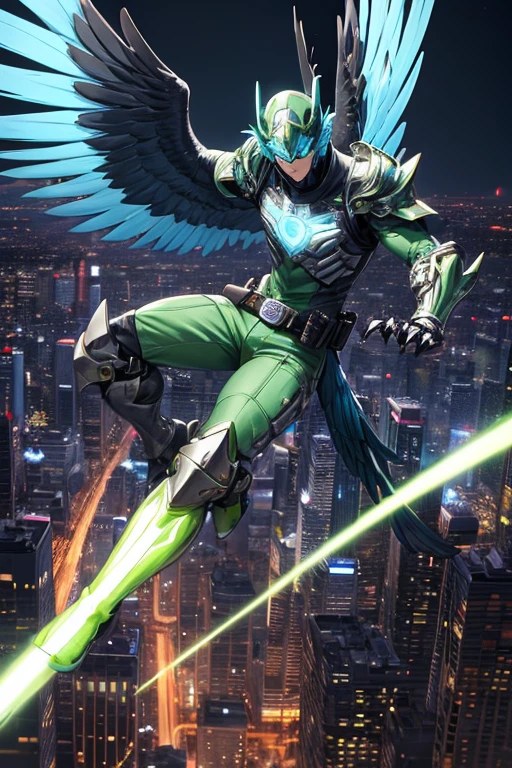 ((best quality)), ((masterpiece)), (detailed), 1 male, full body, 25 years old, blue head, uncovered mouth, blue biker helmet, black collar, tall, thin, black details, a green parrot with a blue head flying beside him, metallic wings, wings on his suit, blue fingerless gloves, blue wrist guards, luminous blue wings that shoot lasers, blue suit resembling light armor, blue suit with an emblem, completely green chest, emblem on his chest, green pants, deployable bird tail, grey knee pads, metallic grey boots, metallic bird claws, black superhero belt, flying through the city, midday city background, anime
