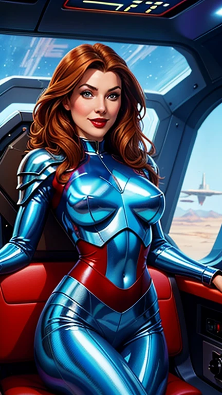 High-quality acrylic painting, VIVID COLORS, lateral point a view, a beautiful woman with brown curly hair, looking at the viewer with suspicious face and a shy smile, red lips, she wears white and blue metallic ultra-glossy armor, hands in the waist, in a command chair in the cockpit of a spaceship