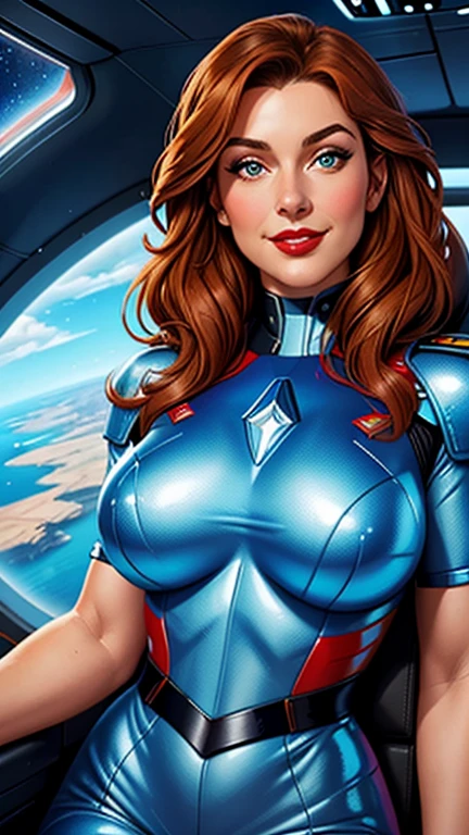 High-quality acrylic painting, VIVID COLORS, lateral point a view, a beautiful woman with brown curly hair, looking at the viewer with suspicious face and a shy smile, red lips, she wears white and blue metallic ultra-glossy armor, hands in the waist, in a command chair in the cockpit of a spaceship