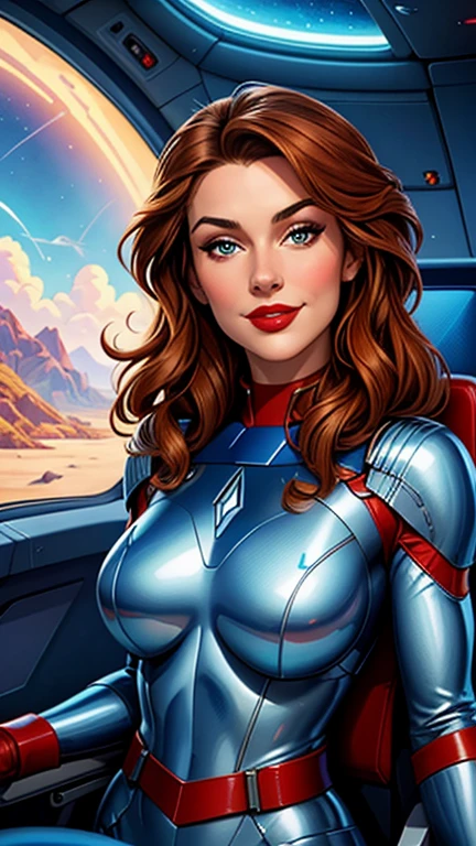 High-quality acrylic painting, VIVID COLORS, lateral point a view, a beautiful woman with brown curly hair, looking at the viewer with suspicious face and a shy smile, red lips, she wears white and blue metallic ultra-glossy armor, hands in the waist, in a command chair in the cockpit of a spaceship
