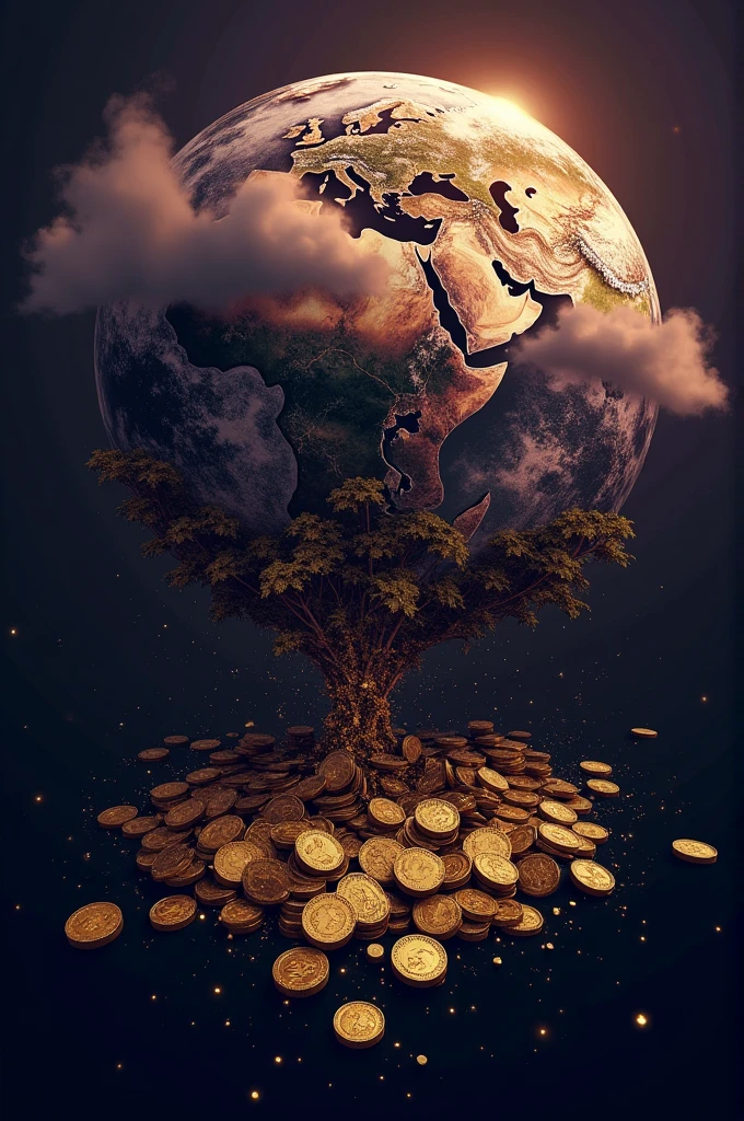 Generate a logo, of a world destroyed by money and luxuries