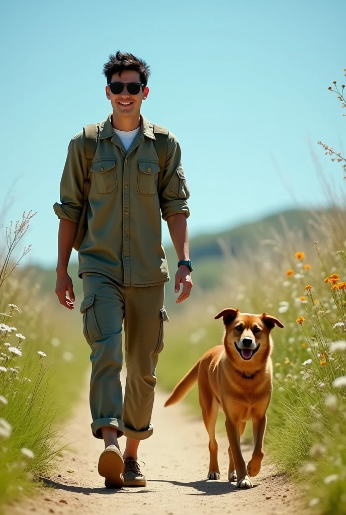 I want an image of a young, thin military man with black hair wearing sunglasses, walking happily with his tan-colored dog, her looking at him..