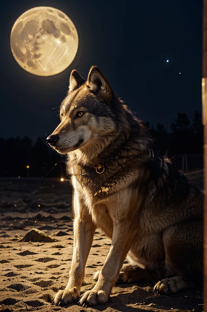 wolf helping with moon in the background, golden aura around