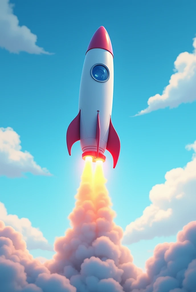 animated white and blue 3d rocket heading upwards releasing smoke and fire