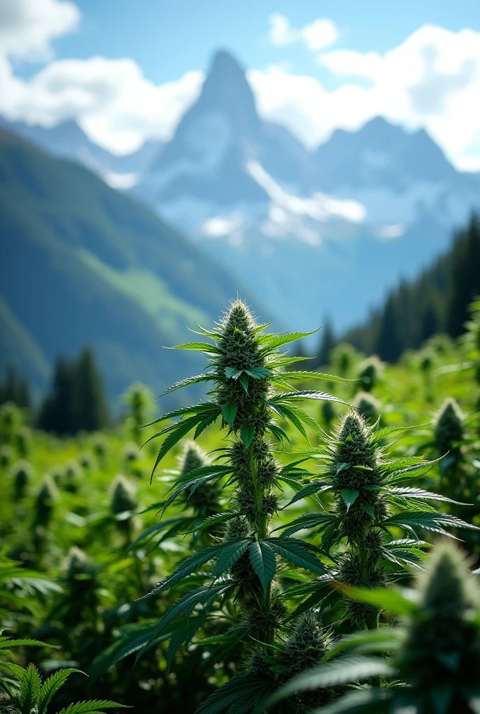 cannabis. Background with Swiss Alps mountains with a blue filter.