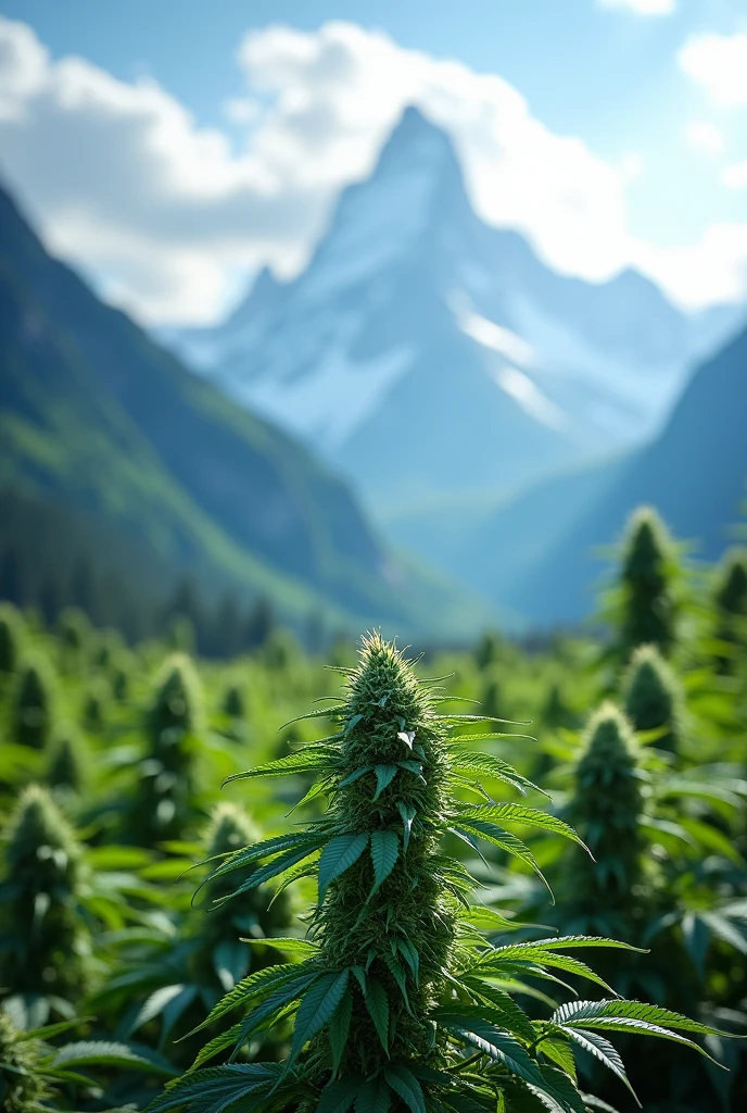 cannabis. Background with Swiss Alps mountains with a blue filter.