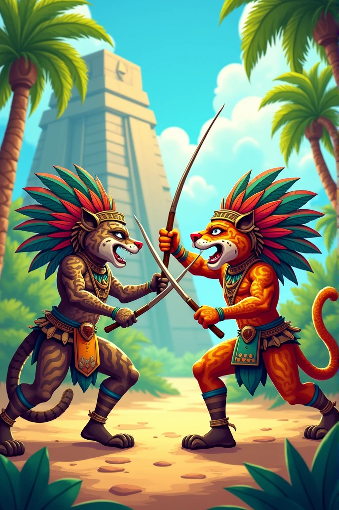 Aztec jaguar fencer Warriors in Cartoon style, full body