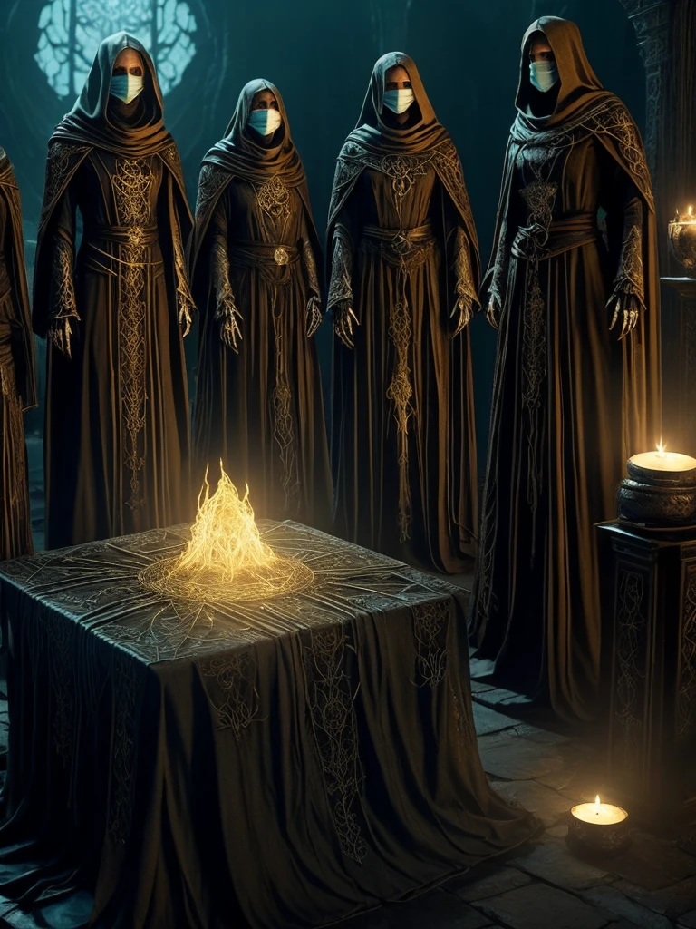 As Moiras, the Weavers of Destiny, appear as three elderly-looking women, with three heads, each head wears a white mask,in a single body. Their skin is wrinkled and pale, marked by dark veins that speak of an ancient power. They are wrapped in long black cloaks, undulating like living shadows, adorned with arcane sigils that glow with a faint silvery light.
In your skeletal hands, hold black and gold threads, thin as silk, each representing the life of a living being. Their eyes, a penetrating yellow, see through the veil of time and fate, loaded with ancient and disturbing wisdom.
The Fates reside in a timeless space, maybe a cave or a stone room, illuminated only by the sigils on their cloaks and the ethereal glow of the threads they weave. The surrounding atmosphere is thick and palpable, impregnated by the constant presence of inevitable fate.