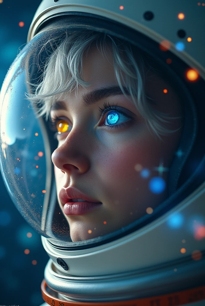(Close-up of a better masterpiece:1.5)0.9], (Space and astronauts:1.2) (Messy silver hair:1.1) (Heterochromia xanthochromia and blue eyes:1.2) (Space Helmet:1.0) (Colored stars in the eyes:1.0) (A radiant glow:1.1) (thick lips:0.9)