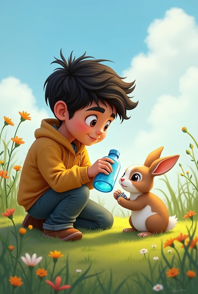 2. **Image 2**: Hasan is kneeling beside the rabbit, offering it water from his bottle. The rabbit looks relieved, and Hasan has a caring expression as he starts to bandage the rabbit's injured paw with his handkerchief.