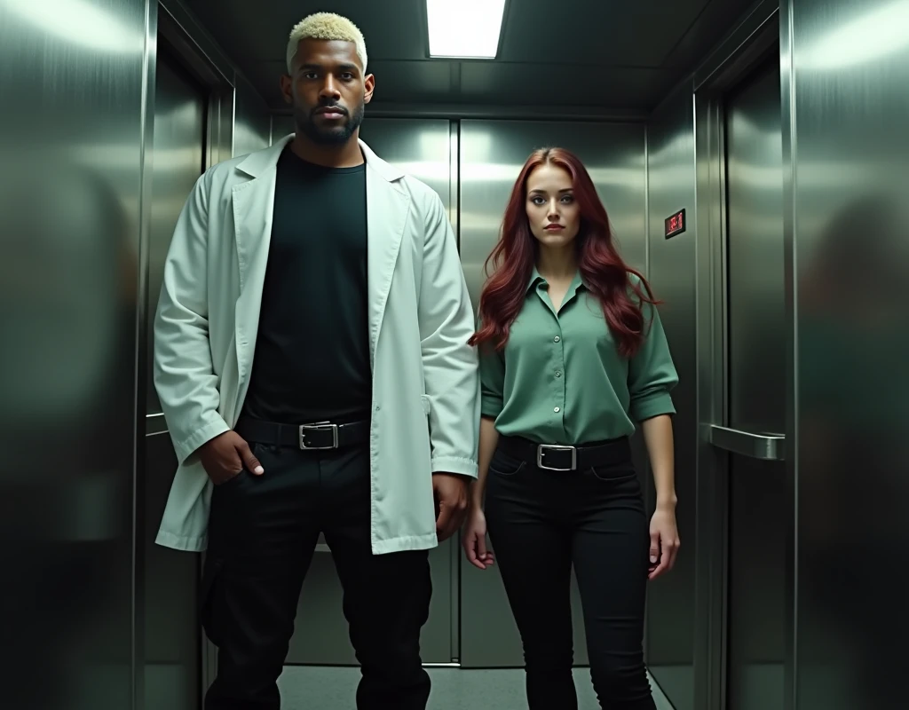 platinum blond wavy swept-back crew cut, attractive Arab man extremely tall (216cm) dark skin, long black stubble,. He's wearing a white lab coat, black t-shirt, black cargo pants, black boots. He's standing inside elevator next to a very short (170cm) young Caucasian woman with vibrant maroon side-parted long wavy layered hair. She's wearing soft green silk work blouse, low-rise black pants and black boots, cinematic lighting.