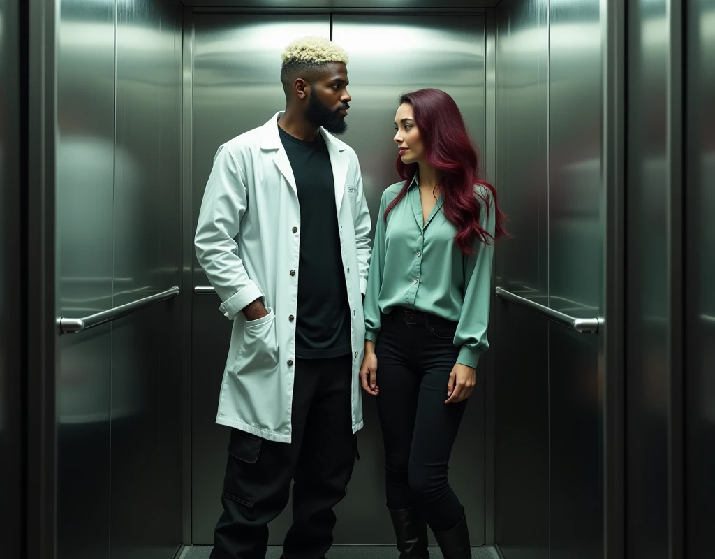 platinum blond wavy swept-back crew cut, attractive Arab man extremely tall (216cm) dark skin, long black stubble,. He's wearing a white lab coat, black t-shirt, black cargo pants, black boots. He's standing inside elevator next to a very short (170cm) young Caucasian woman with vibrant maroon side-parted long wavy layered hair. She's wearing soft green silk work blouse, low-rise black pants and black boots, cinematic lighting.