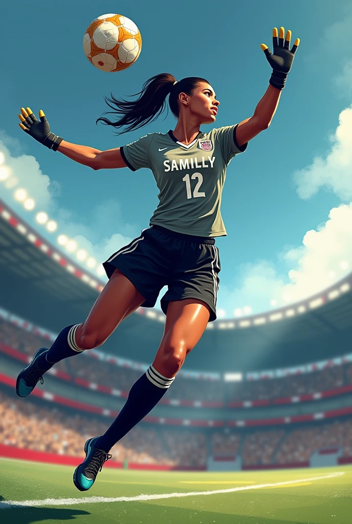 Illustration of a woman goalkeeper with her back turned, with brown skin, slickedback hair, tall and black with a gray shirt number 12 written SAMILLY and black pants and gloves jumping to catch a ball