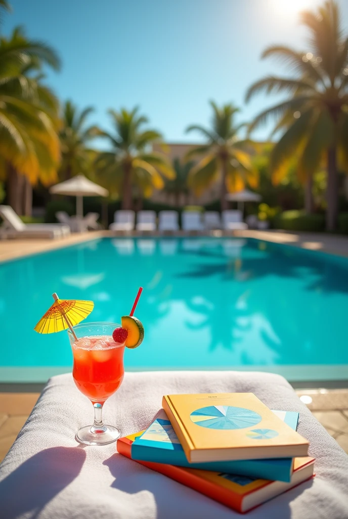 a sunny day in a hotel pool area. a pool chair, a cooktail and two data analysis books
