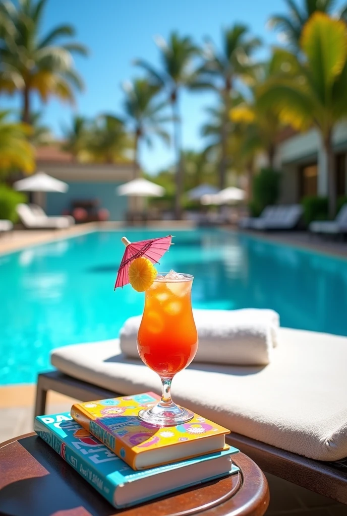 a sunny day in a hotel pool area. a pool chair, a cooktail and two data analysis books
