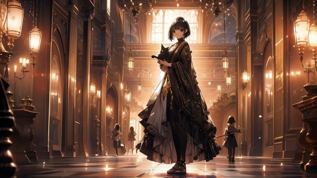 A woman is playing the violin.The woman has short black hair and is wearing a gold dress..The girl is playing in the hall.A black cat is watching the girl play at her feet.