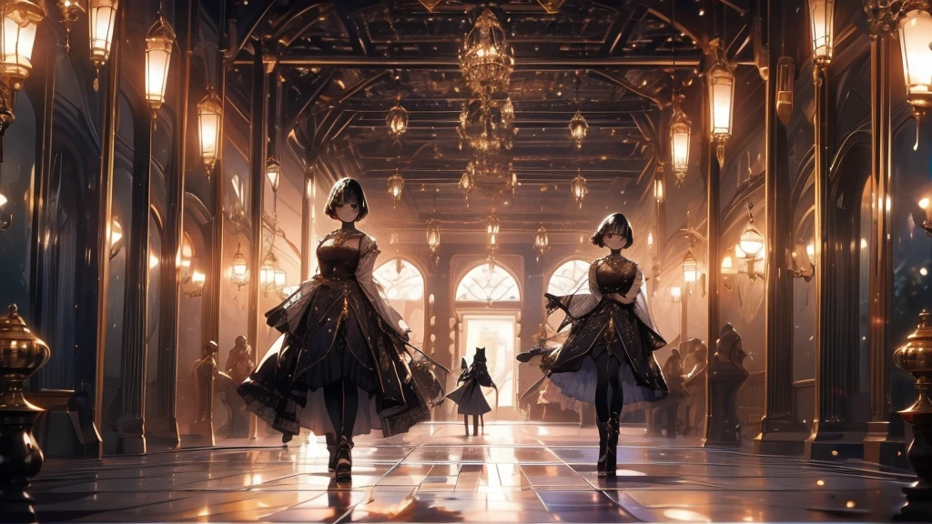 A woman is playing the violin．The woman has short black hair and is wearing a gold dress.．The girl is playing in the hall．A black cat is watching the girl play at her feet．