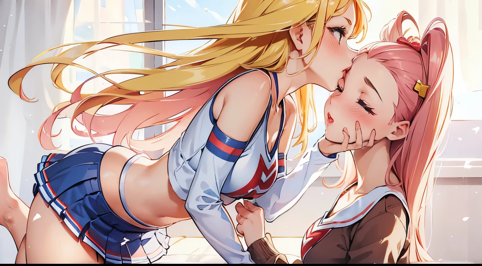 2girls, kissing forehead, girl kiss girl forehead, puckered lips, closed mouth, lips, red lips, cheerleader, high quality, best quality, masterpiece, absurdres