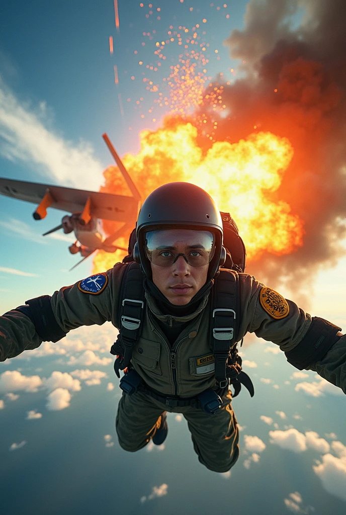 A vibrant image of a Brazilian air force soldier parachuting from an airplane exploding in the air