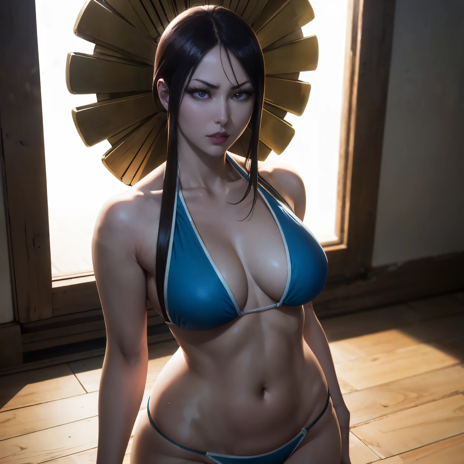 (masterpiece), best quality, expressive eyes, perfect face, senjamaru shutara from bleach , 30 year old women, facing towards screen  parted lips  feminine figure body wearing short bikini,  beautiful expressive eyes ,  4k backlighting, smirky face , thick thigh 