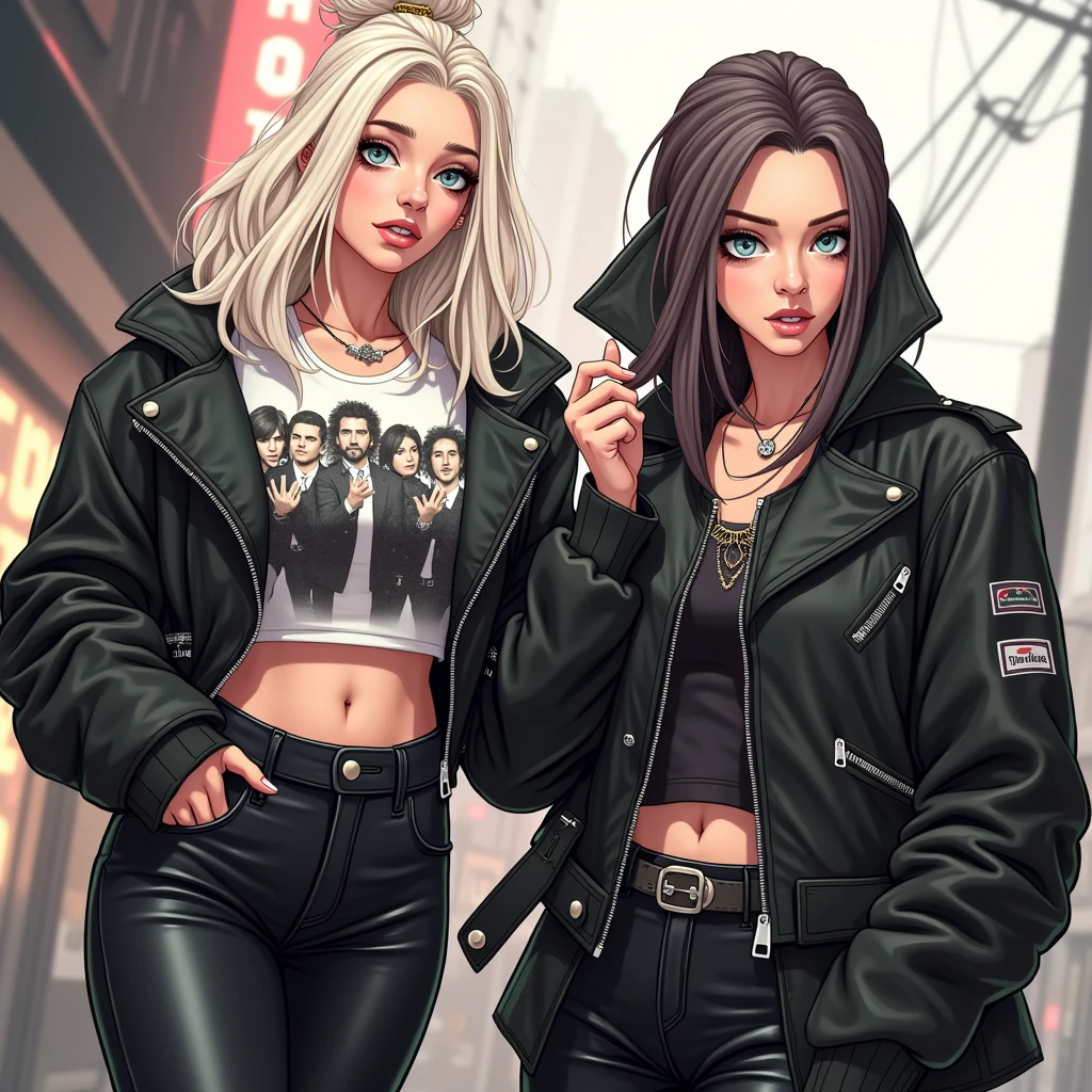 Old russian milf, platinum blonde hair in top bun ,with very light blue eyes, pale, heavy eye shadow s. Wearing black moto jacket, cropped rock t-shirt, black leather jeans and white tennis sneakers. Scared