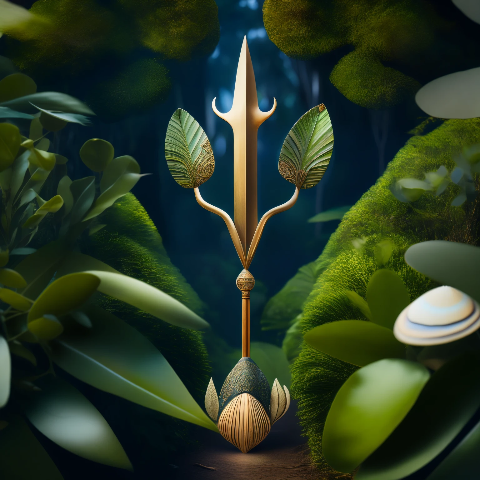 Album cover, a trident totem in the middle of a forest with birds, plants, trident, Buzios, cowrie sea shells, afrofuturism, african symbols, Awarded several times, High details, high qualiy, ultra HD, Depth of field, film grain
