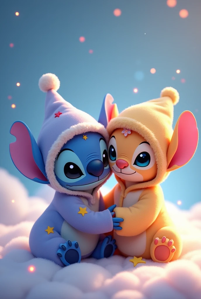 Stitch e angel, wearing pajamas and a beanie on their head, disney pixar style drawing, with transparent background (png)