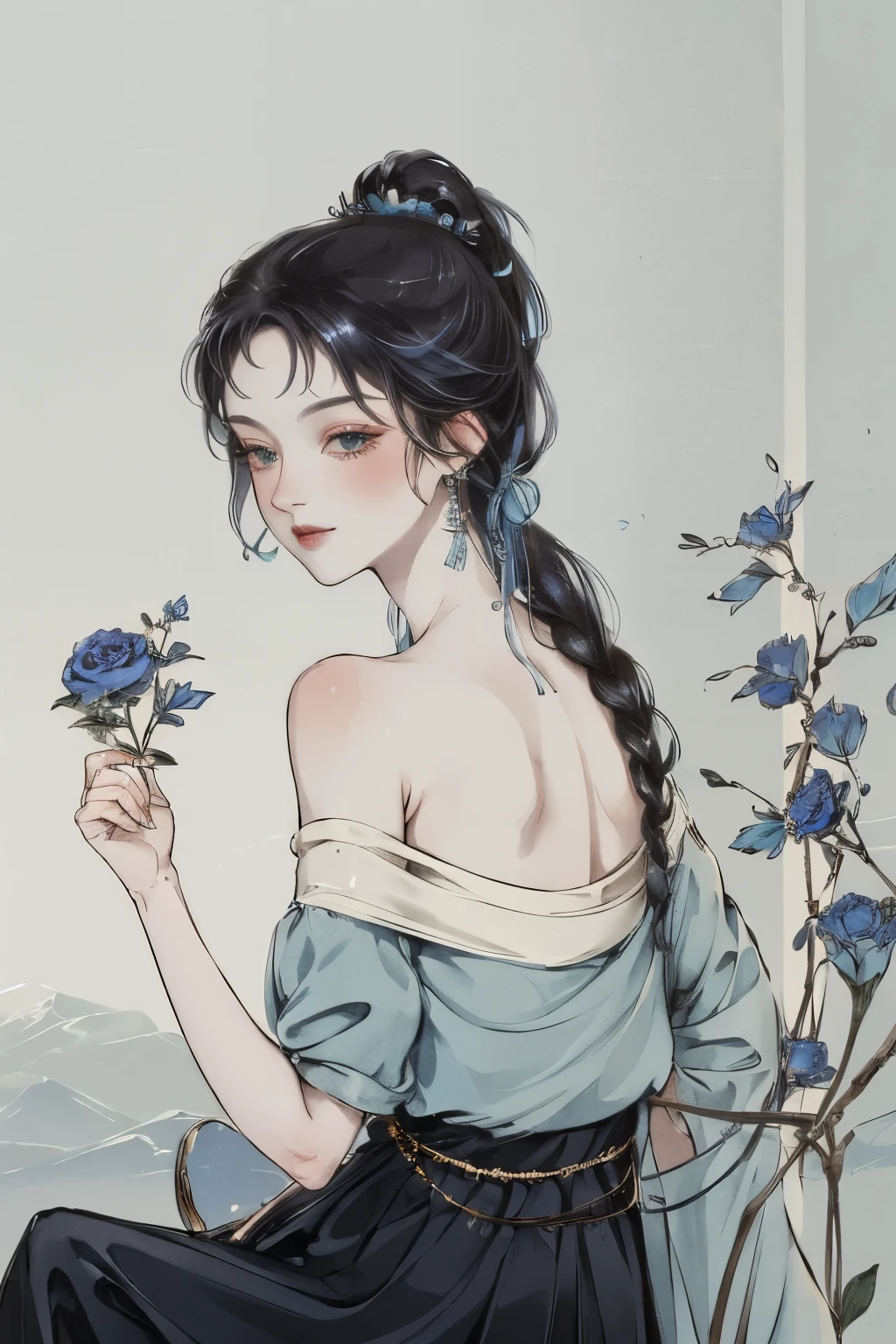 (best quality, masterpiece), (1 girl, solitary, Black skirt, Everlasting , Looking at the audience, Indigo blue hair, Holding roses, Residence, Upper Body), Butterfly,windy,Wearing a ponytail