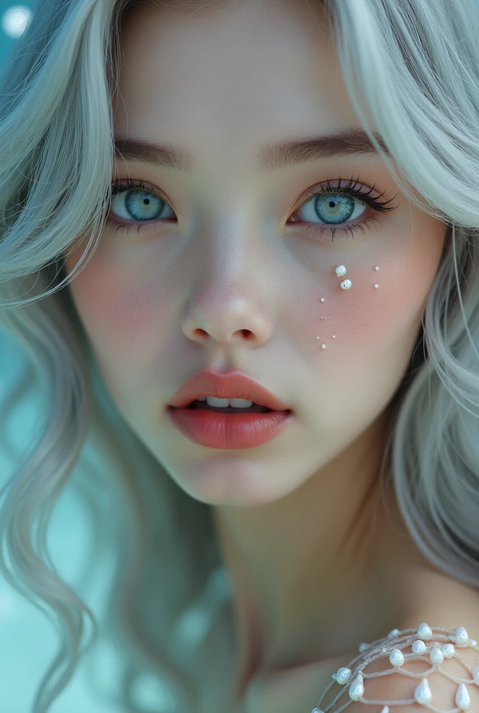 A mermaid with skin as pale as Chinese porcelain and long, wavy hair like pure silver, with large eyes with white pupils like pearls and medium, full, reddish lips.. She has pearly white scales on the side of her face and fins instead of ears.. Focusing only on the woman's face as described.