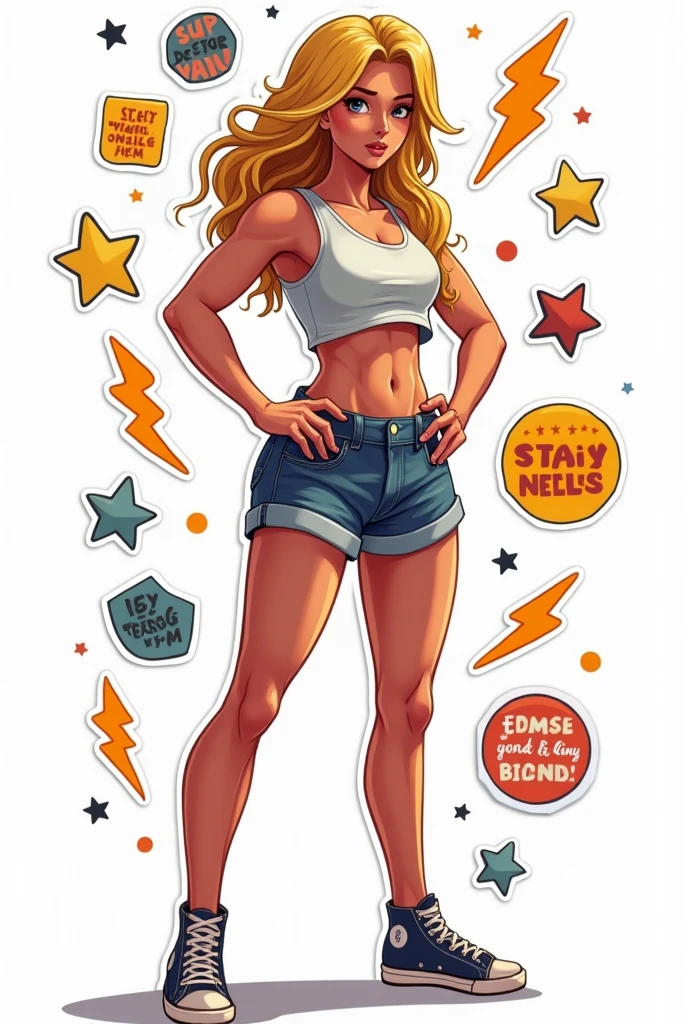 A super powerful feminine woman, dressed in shorts and a shirt. Type stickers with white background.  

