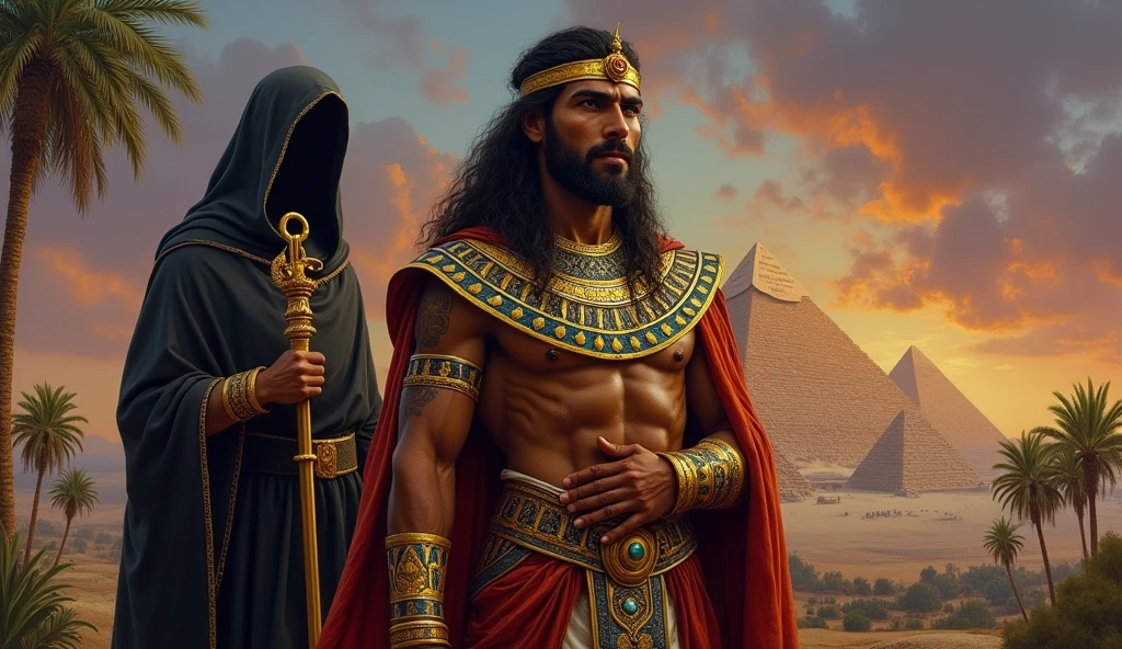 oil painting, ancient king of the East in the front and an Egyptian priest behind with a dark robe that covers his head, with Egyptian ornaments and scepter and a serious countenance