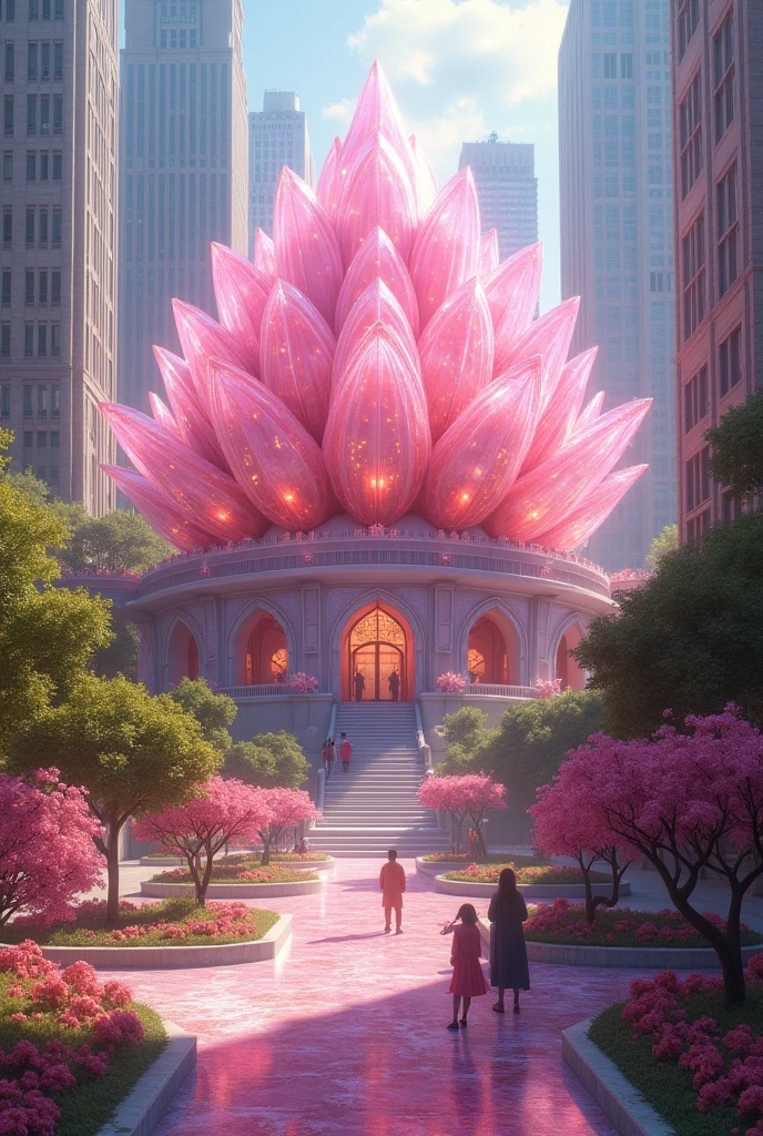 PINK TRANSPARENT LOTUS CRYSTALLIZED PALACE. IN THE CENTER OF
A CITY